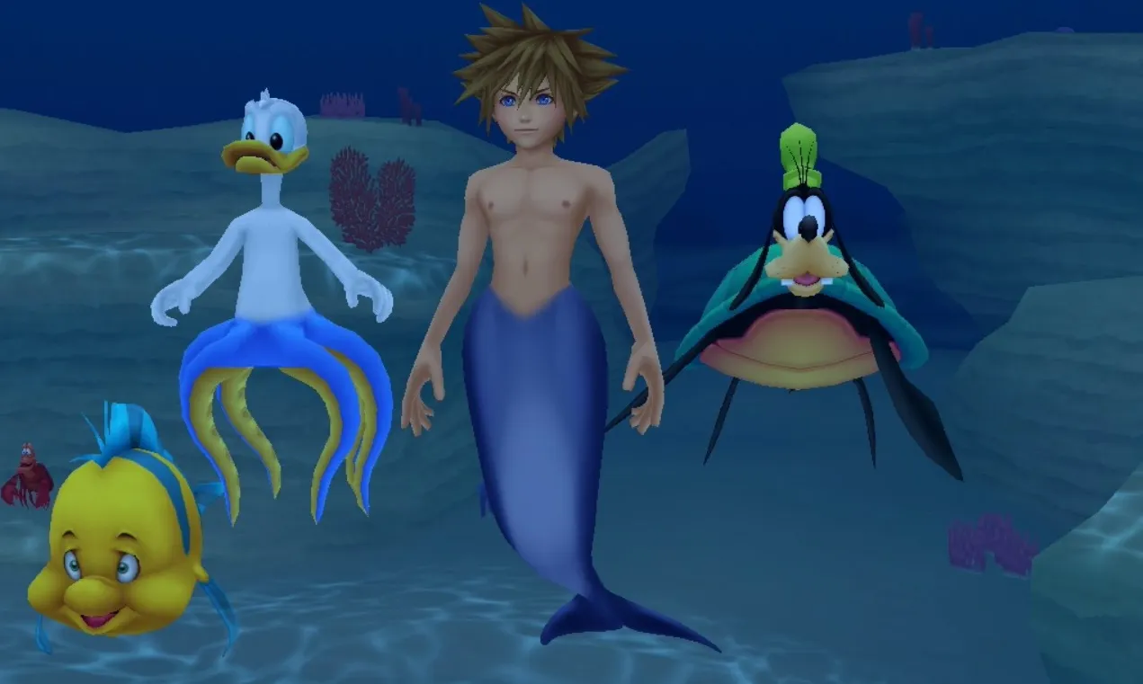 Kingdom Hearts Sora Donald Goofy Flounder in Atlantica