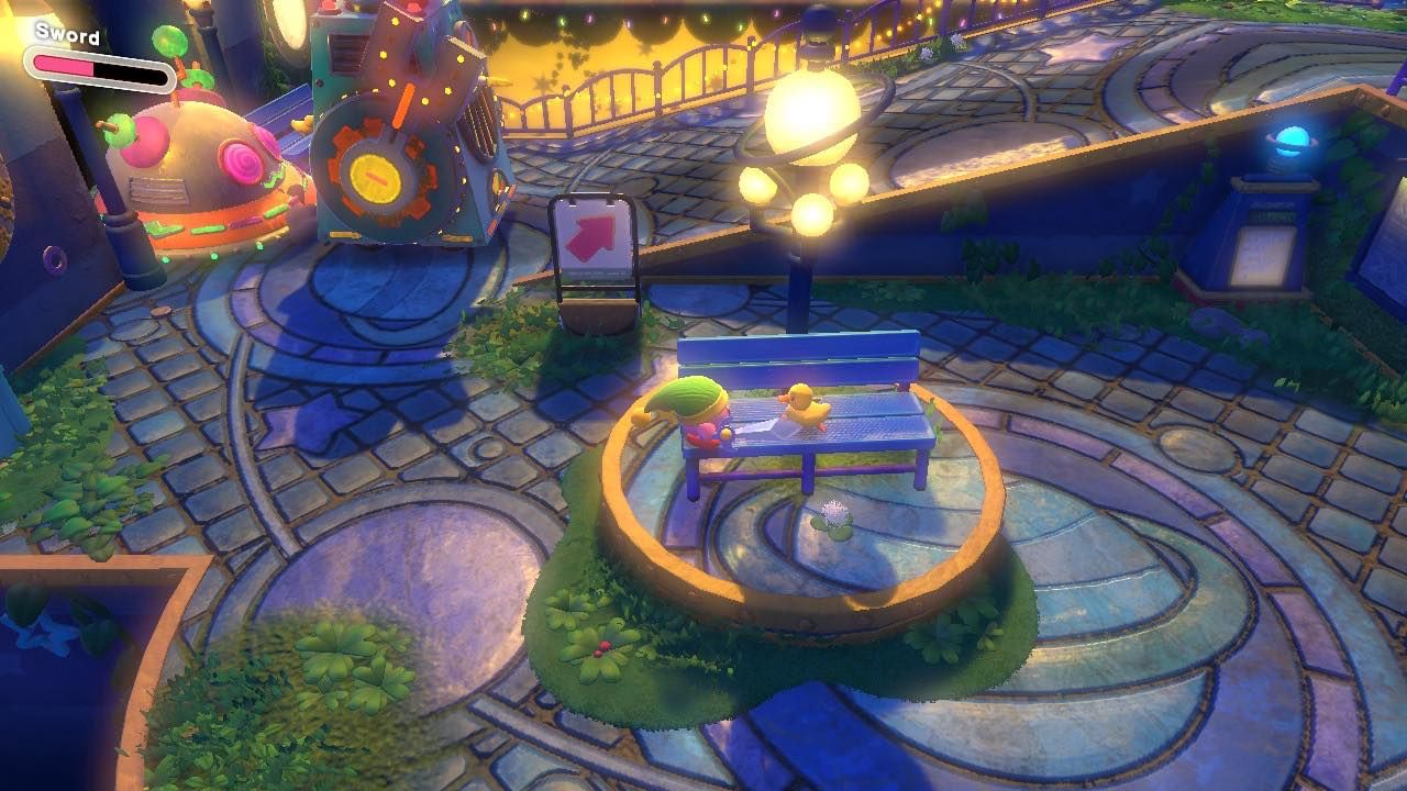 Kirby On Circular Platform With Duck On Bench
