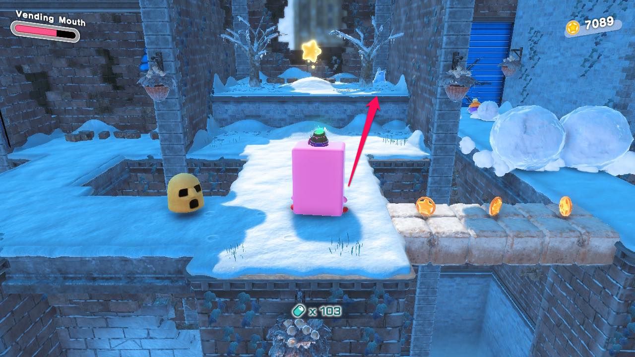 Kirby As Vending Machine With Arrow Pointing To Second Snow Sculpture