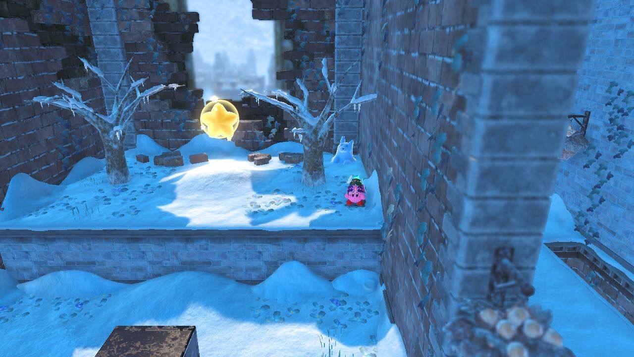 Kirby With Second Snow Sculpture Near Warpstar