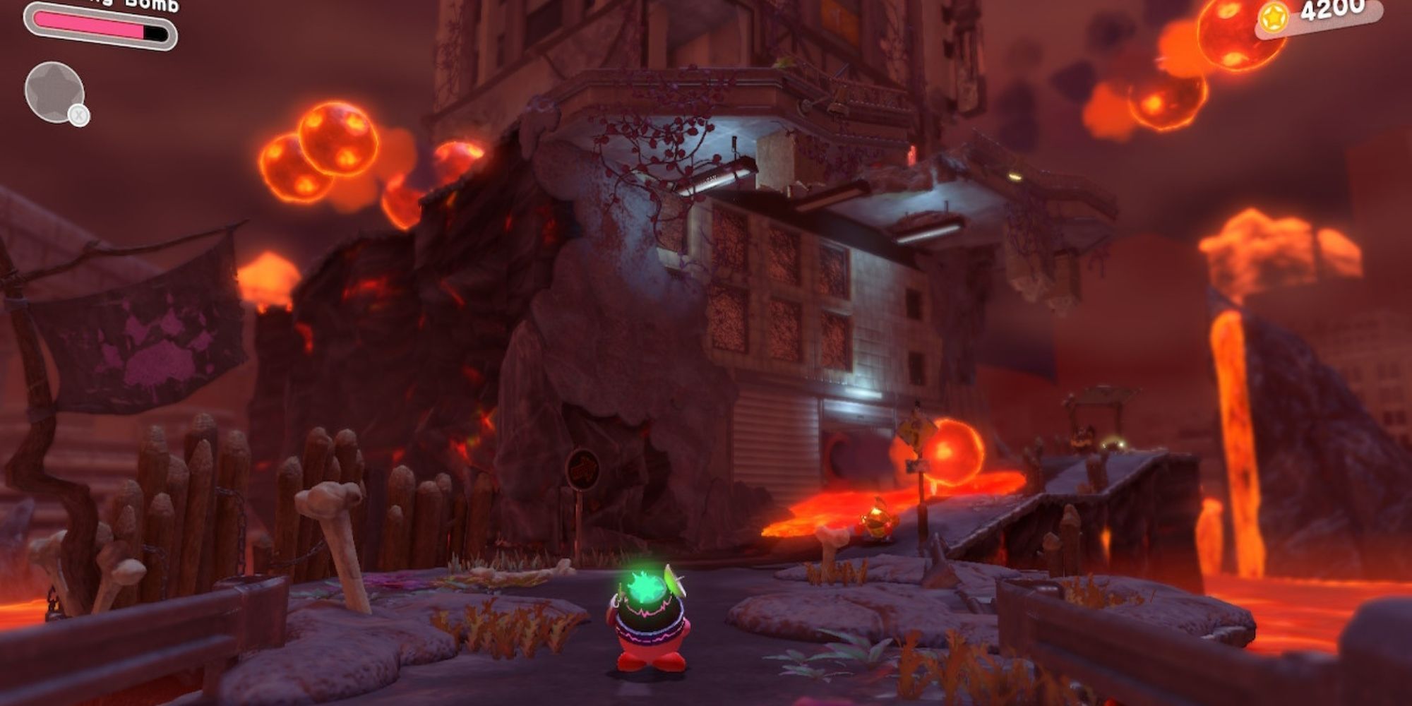 Kirby and the Forgotten Land Homing Bomb Kirby Begins The Conquer Inferno Road Stage