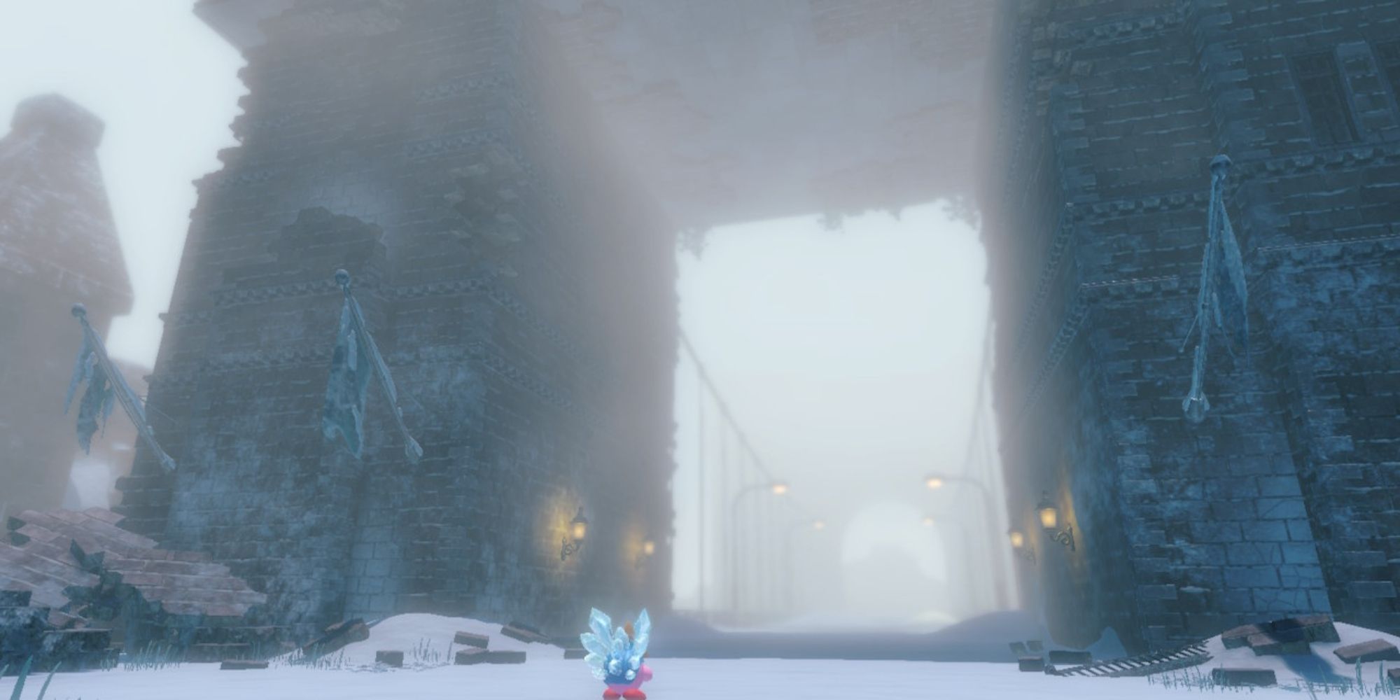 Kirby and the Forgotten Land Ice Kirby Begins The Battle At Blizzard Bridge Stage