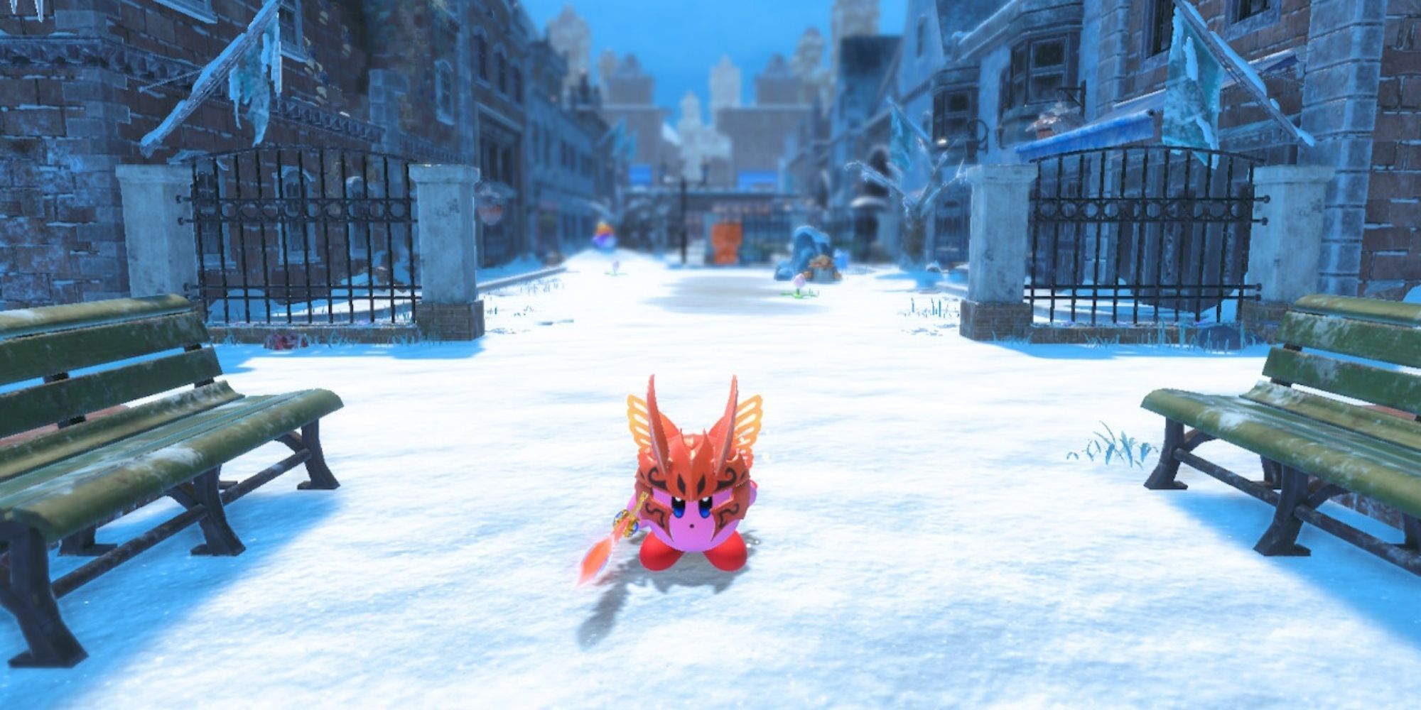 Kirby and the Forgotten Land Morpho Sword Kirby Stands On The Snow At Northeast Frost Street