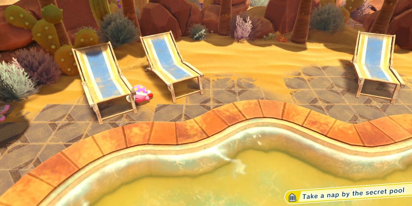 Kirby and the Forgotten Land Kirby sleeping by desert resort pool beach chair