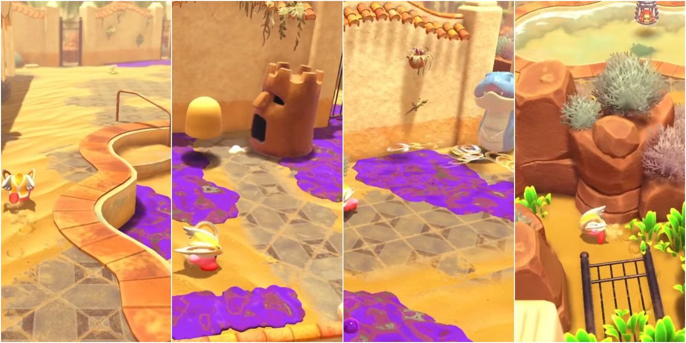 split image of Kirby and the Forgotten Land Searching Oasis route to secret pool desert