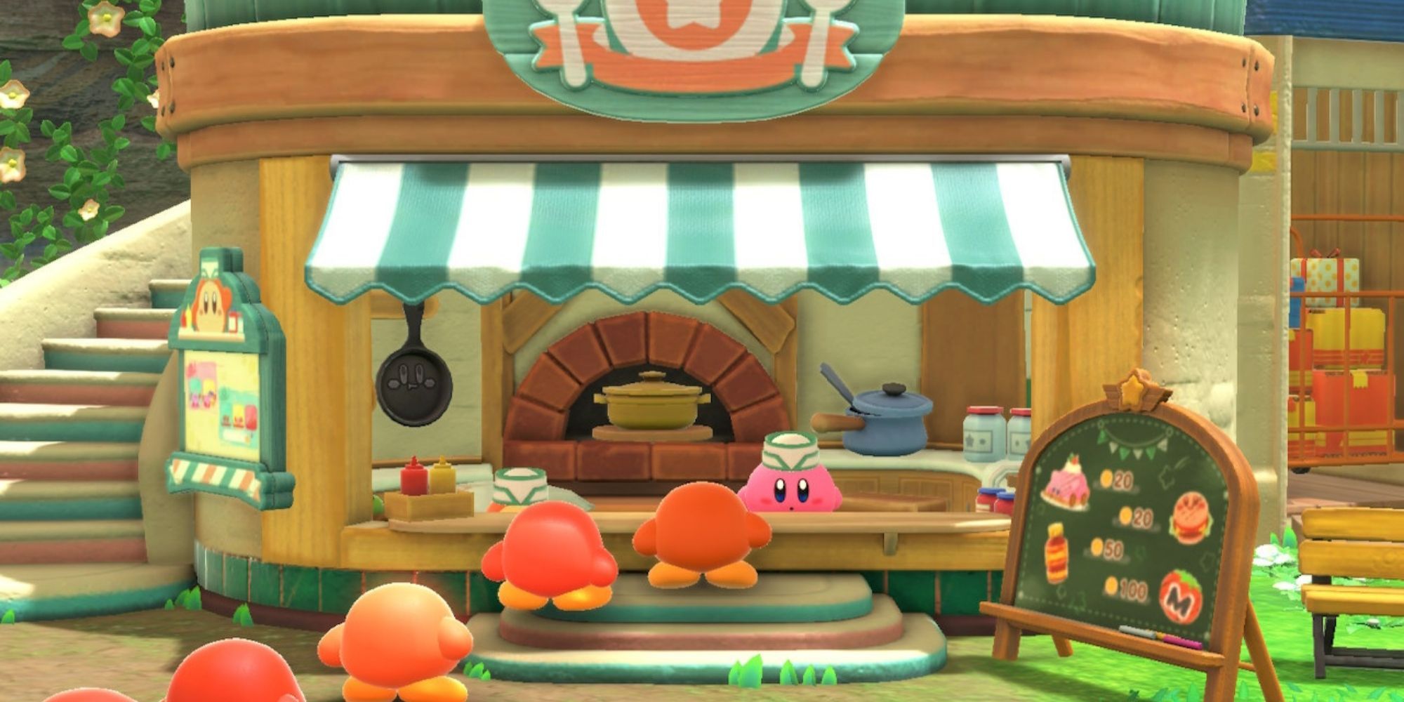 Kirby and the Forgotten Land Waddle Dee Cafe Kirby Prepares For His Shift As Hungry Waddle Dees Line Up For Food