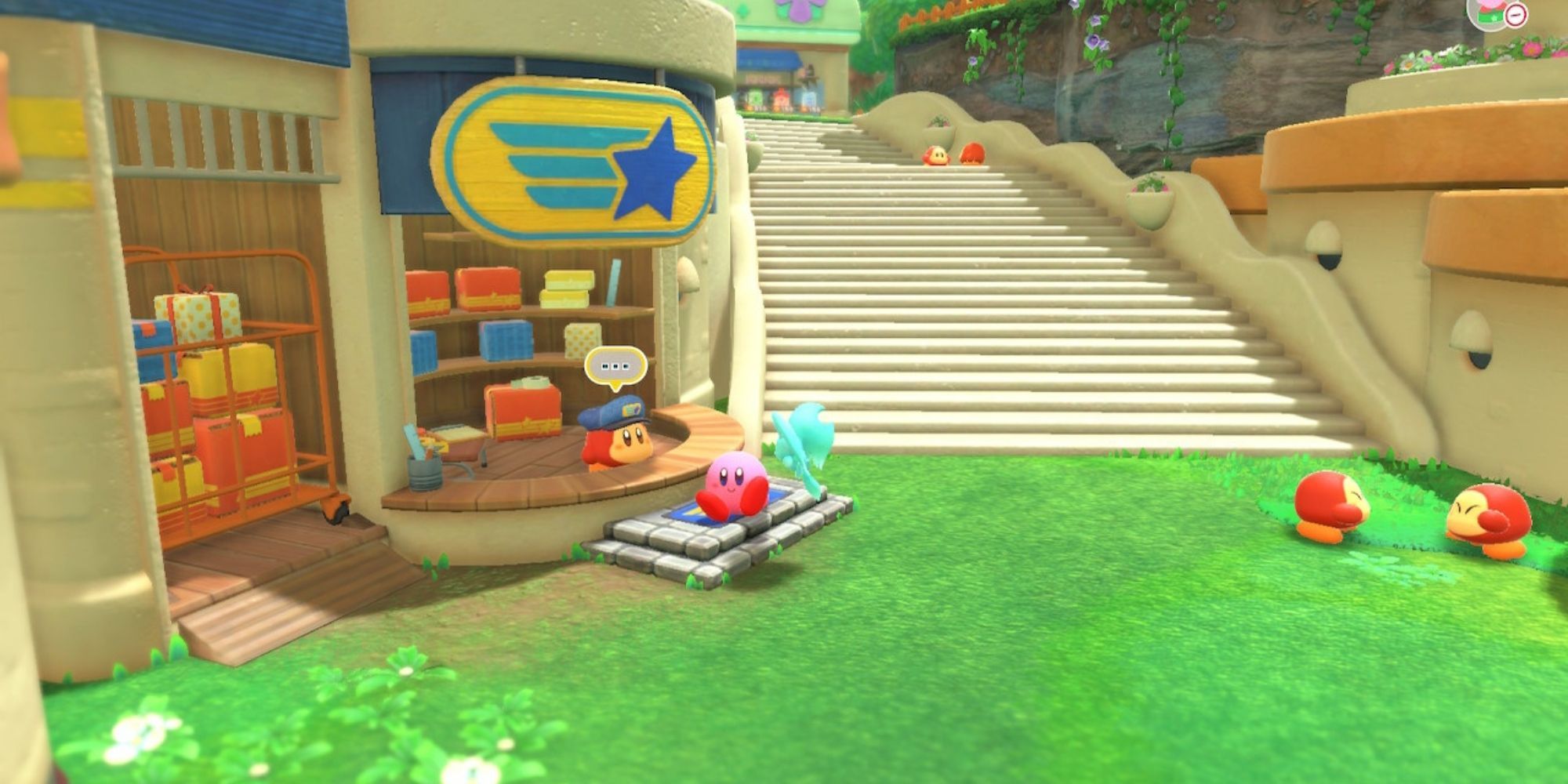 Kirby and the Forgotten Land Waddle Dee-liveries Kirby Sits On The Front Step By Delivery Waddle Dee
