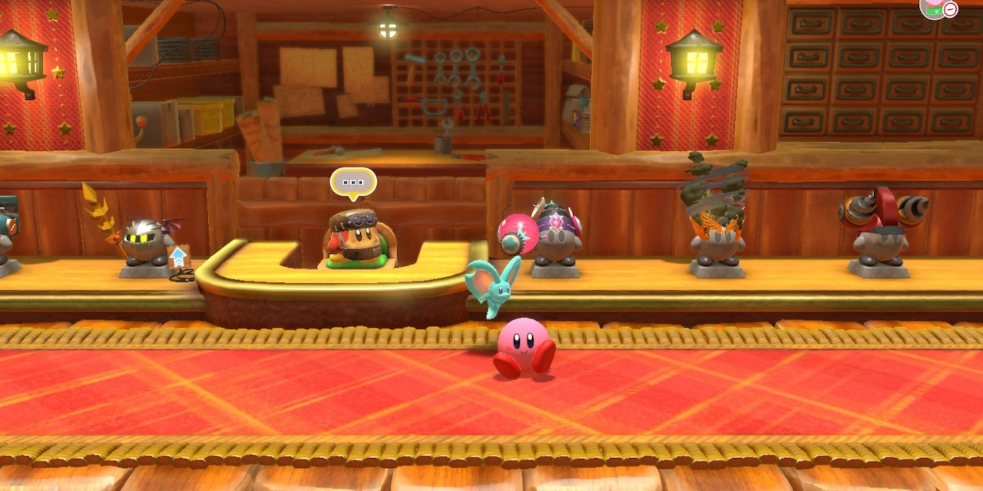 Kirby and the Forgotten Land Waddle Dee's Weapon Shop Kirby Sits Down By The Counter In The Weapon Shop