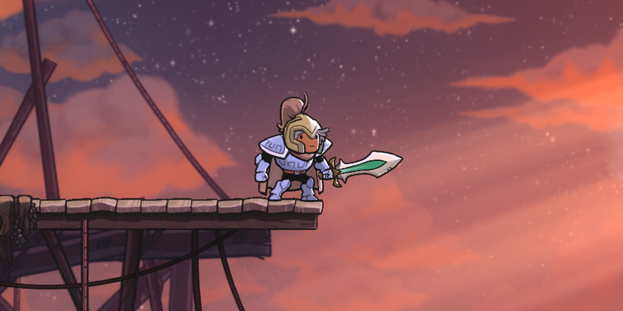 Rogue Legacy 2 screenshot of Knight standing on a wood platform in front of an evening sky