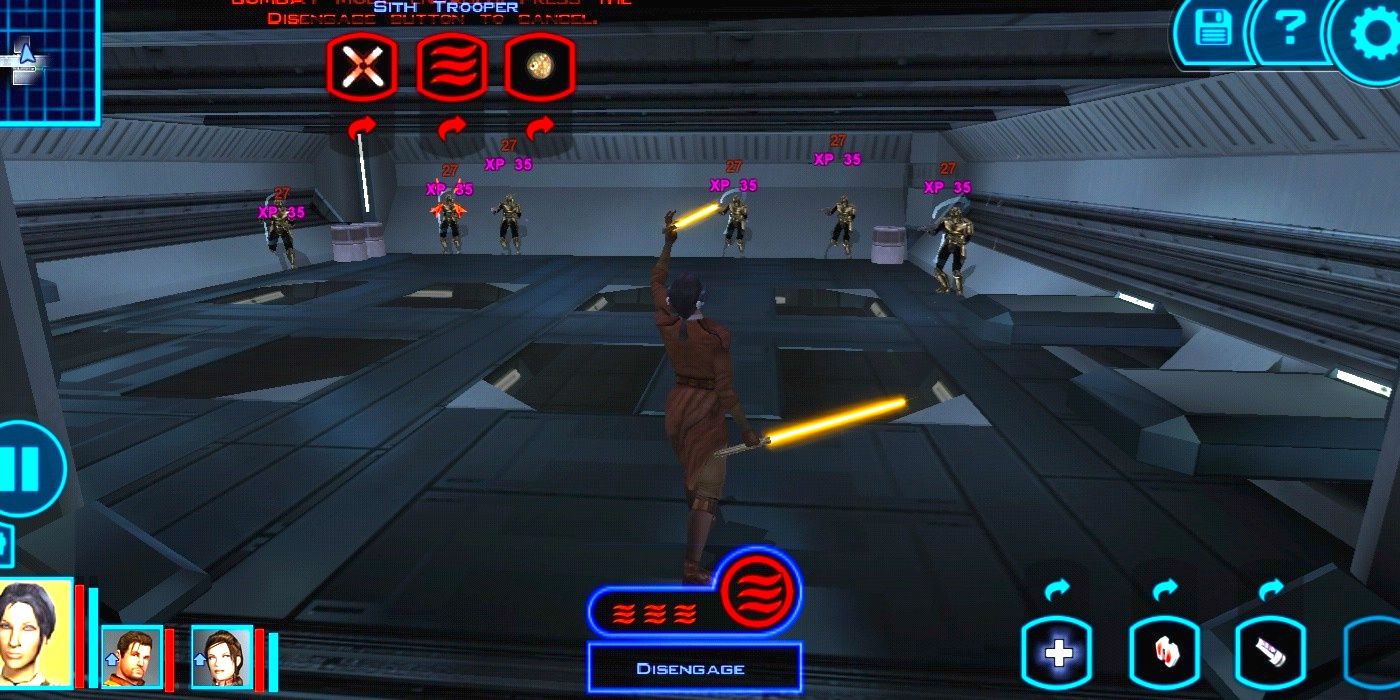 The main character from KOTOR uses Force Wave on a room of Sith soldiers.