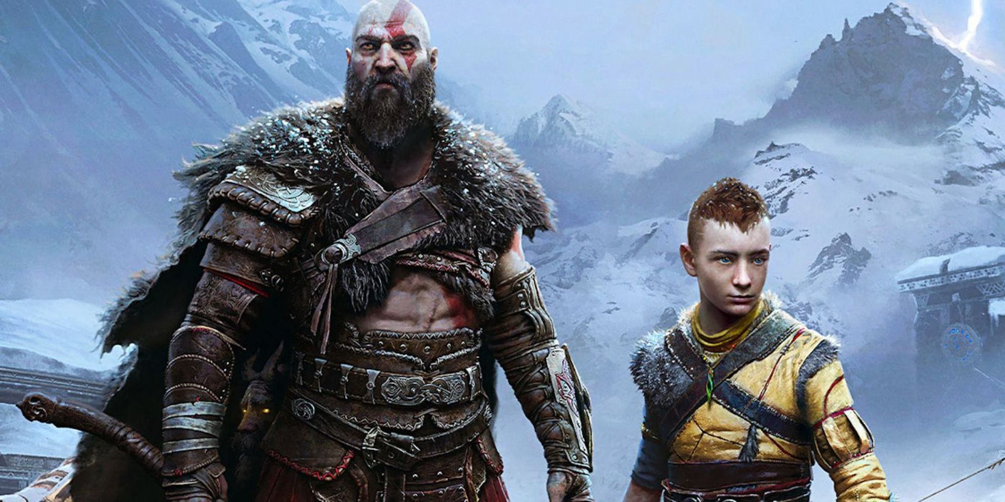 Kratos & Atreus Ragnarok screenshot with Atreus in yellow on the right and Kratos on the left