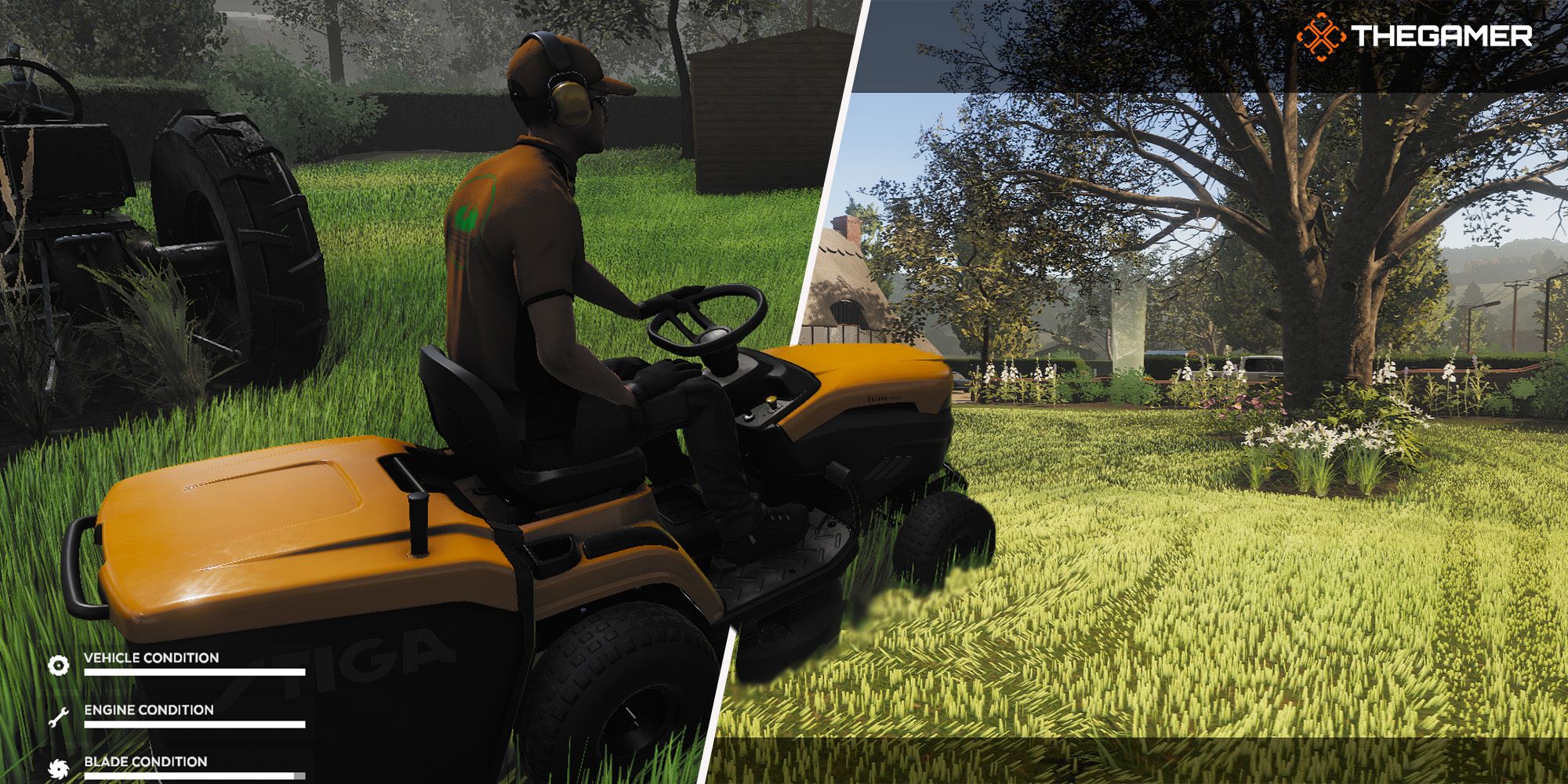 [Left Panel] Employee mows grassy lawn in the Paddock of Old Nook Cottage during foggy weather. [Right Panel] The finished lawn of Old Nook Cottage's Front Garden. Lawn Mowing Simulator.