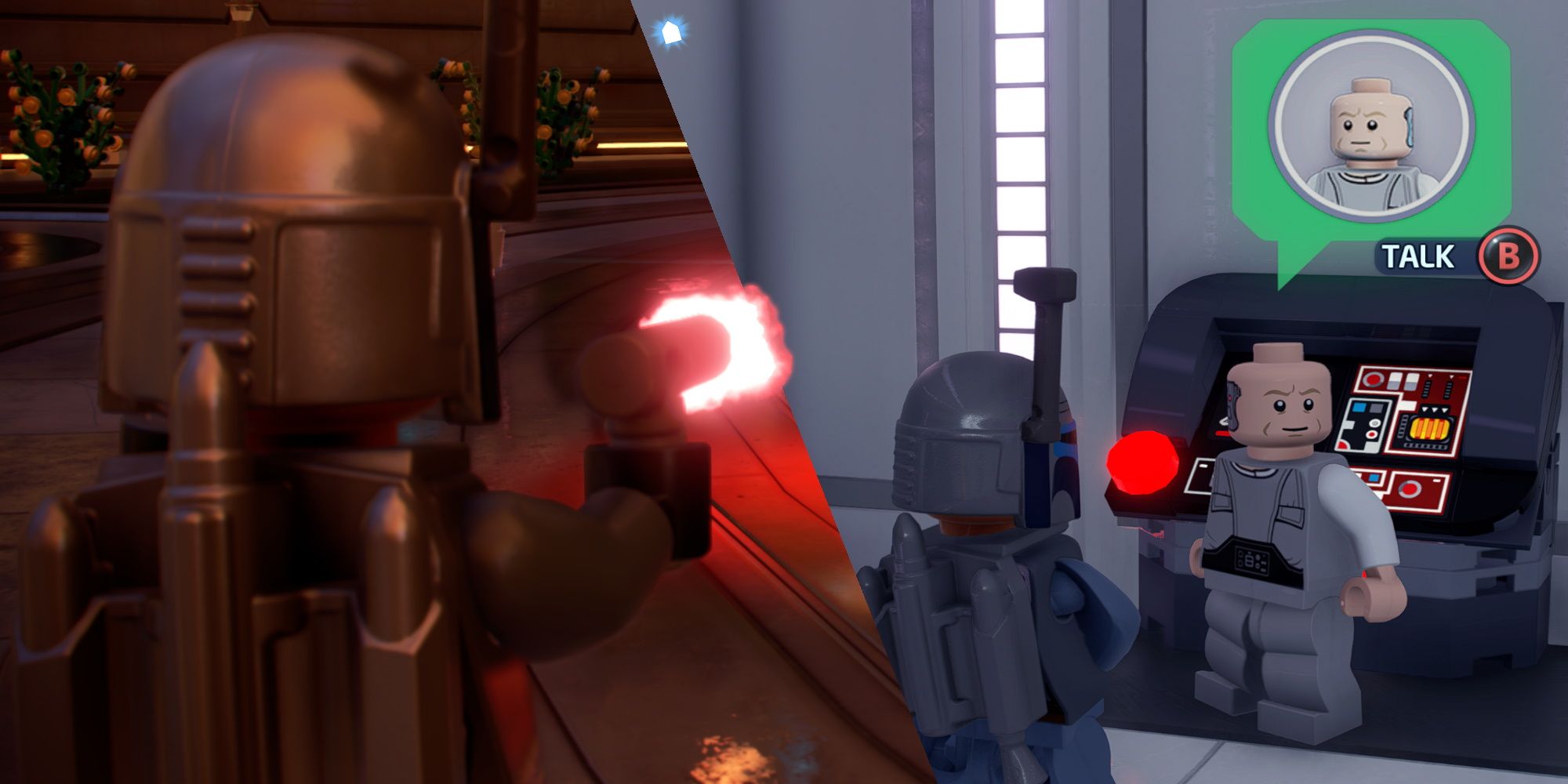 Split image of Jango Fett firing while in Cloud City and of Lobot giving a mission