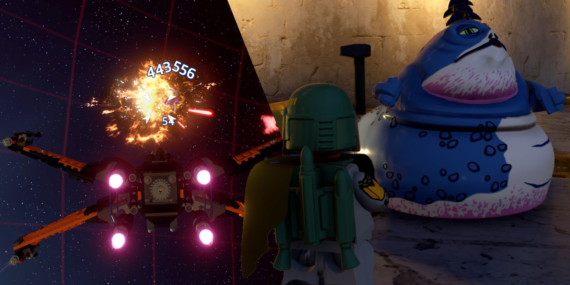 Split Image showing a space battle and Mama The Hutt