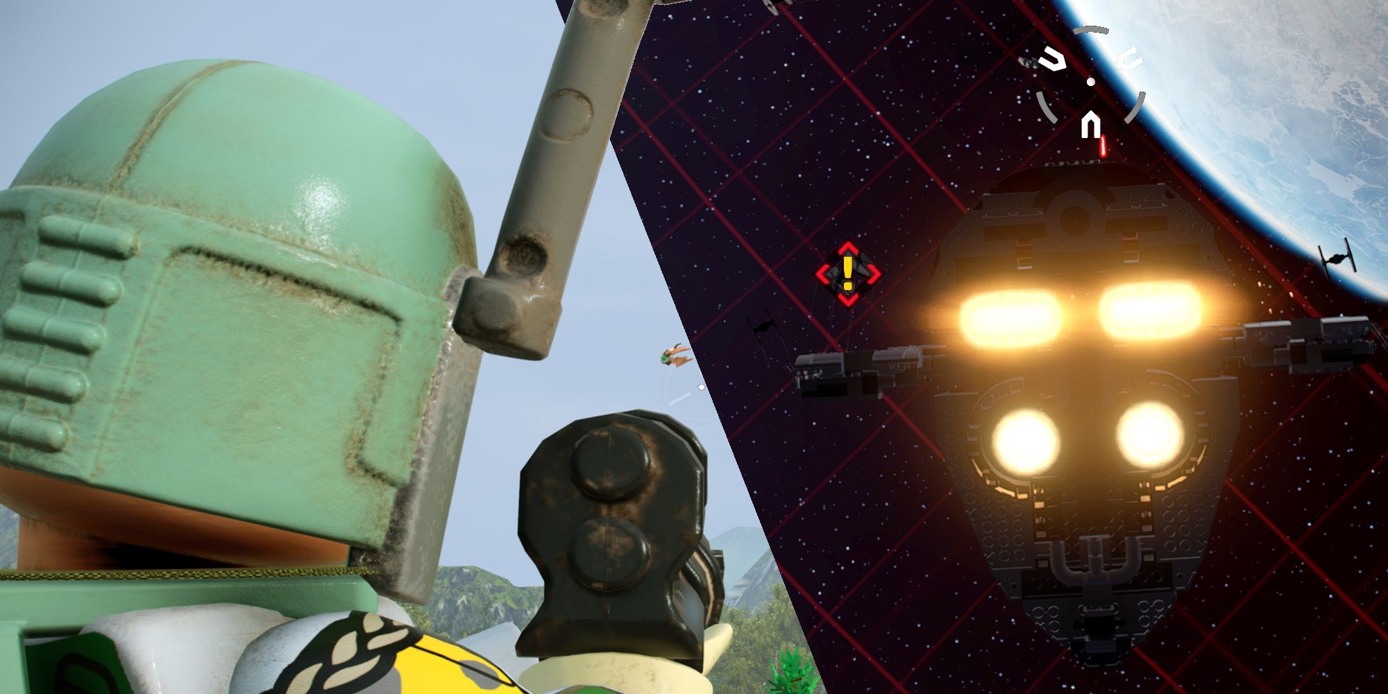 Split image showing Boba Fett hunting mynock and engaging in a smuggling mission