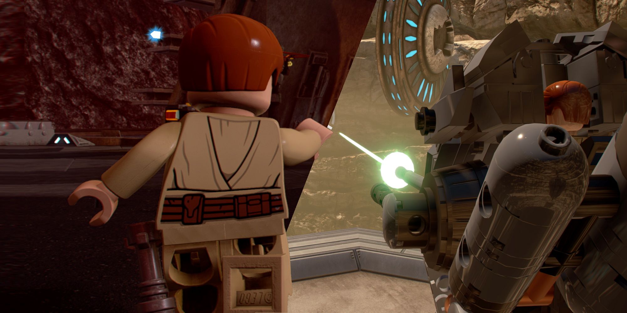 Split image of Obi-Wan using the force and piloting a turret gun