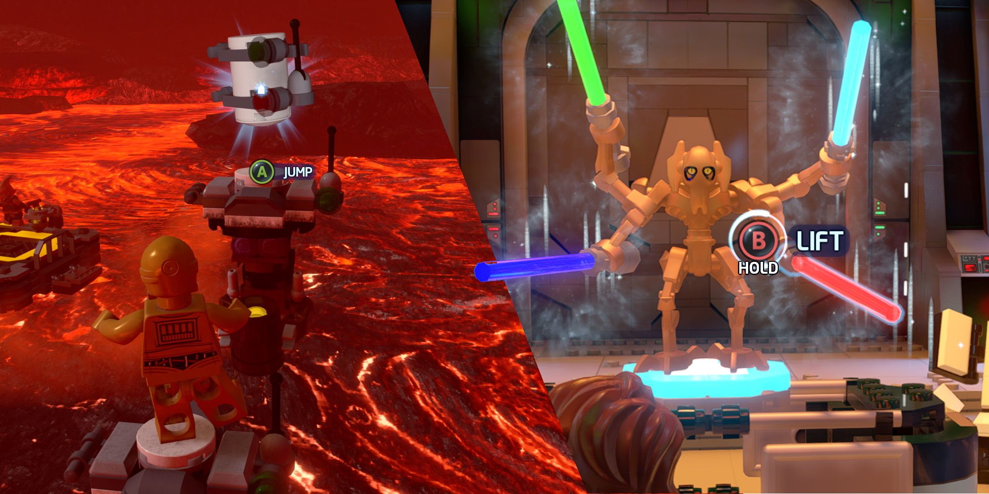 Split image showing the Grievous Statue and the Minikit obtained by crossing the lava