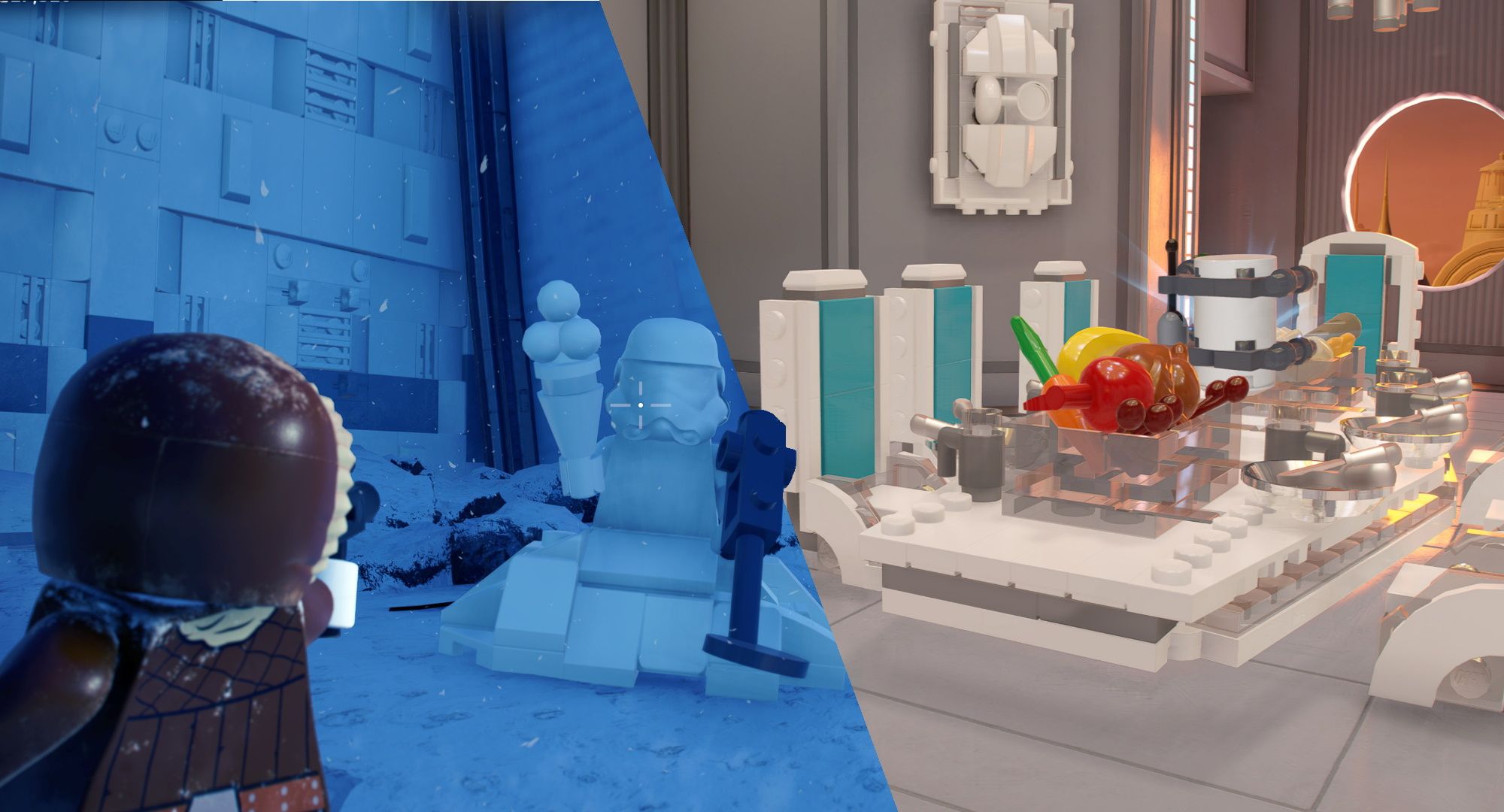 Split image of Han-Solo shooting a snowman and of the Cloud City dining room 
