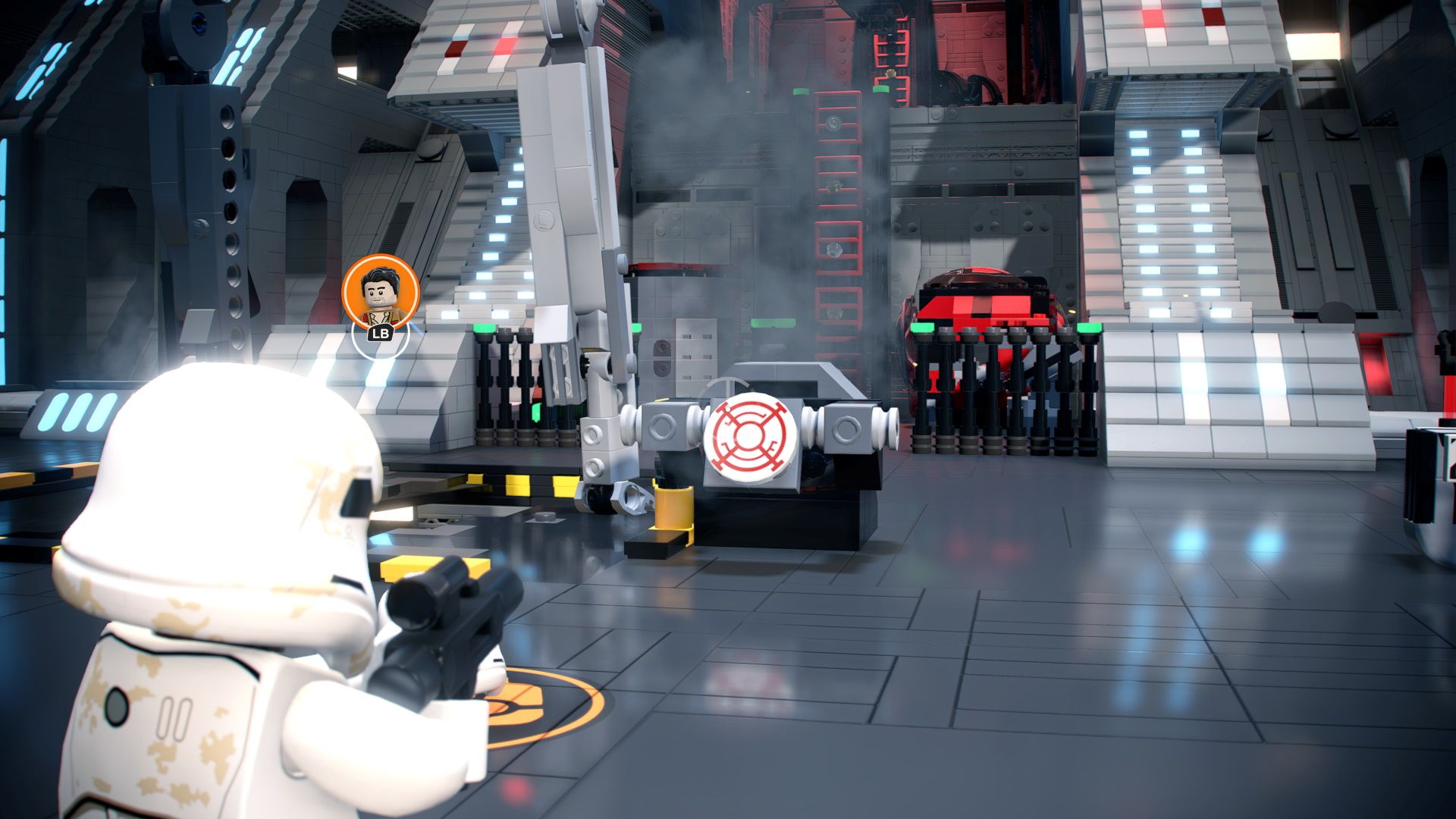 Finn shooting targets to take out Stormtroopers.