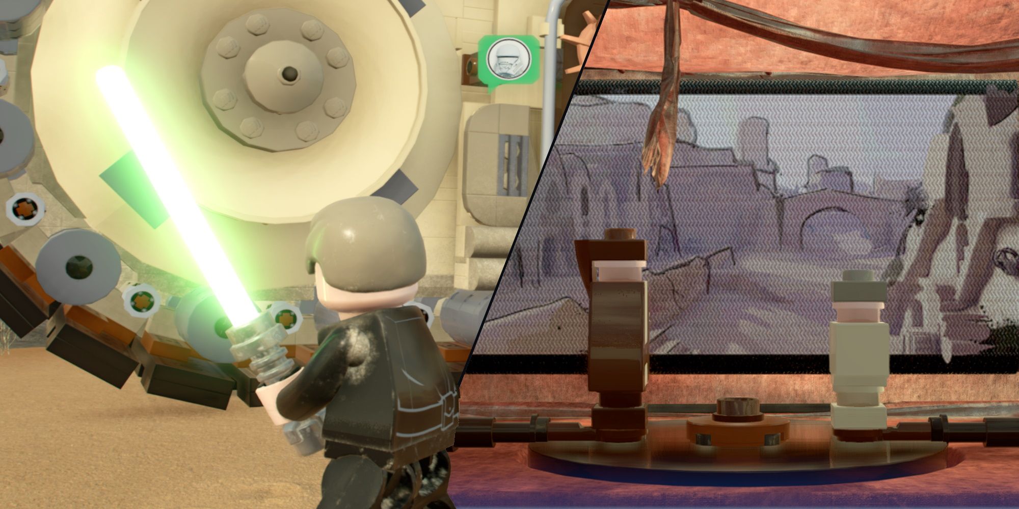 Split image showing Luke interacting with the Treader and the pantomime play