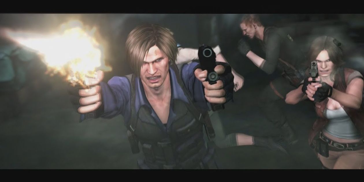 Leon Kennedy dual-wielding with Helena Harper, Jake Muller and Sherry Birkin in the background.