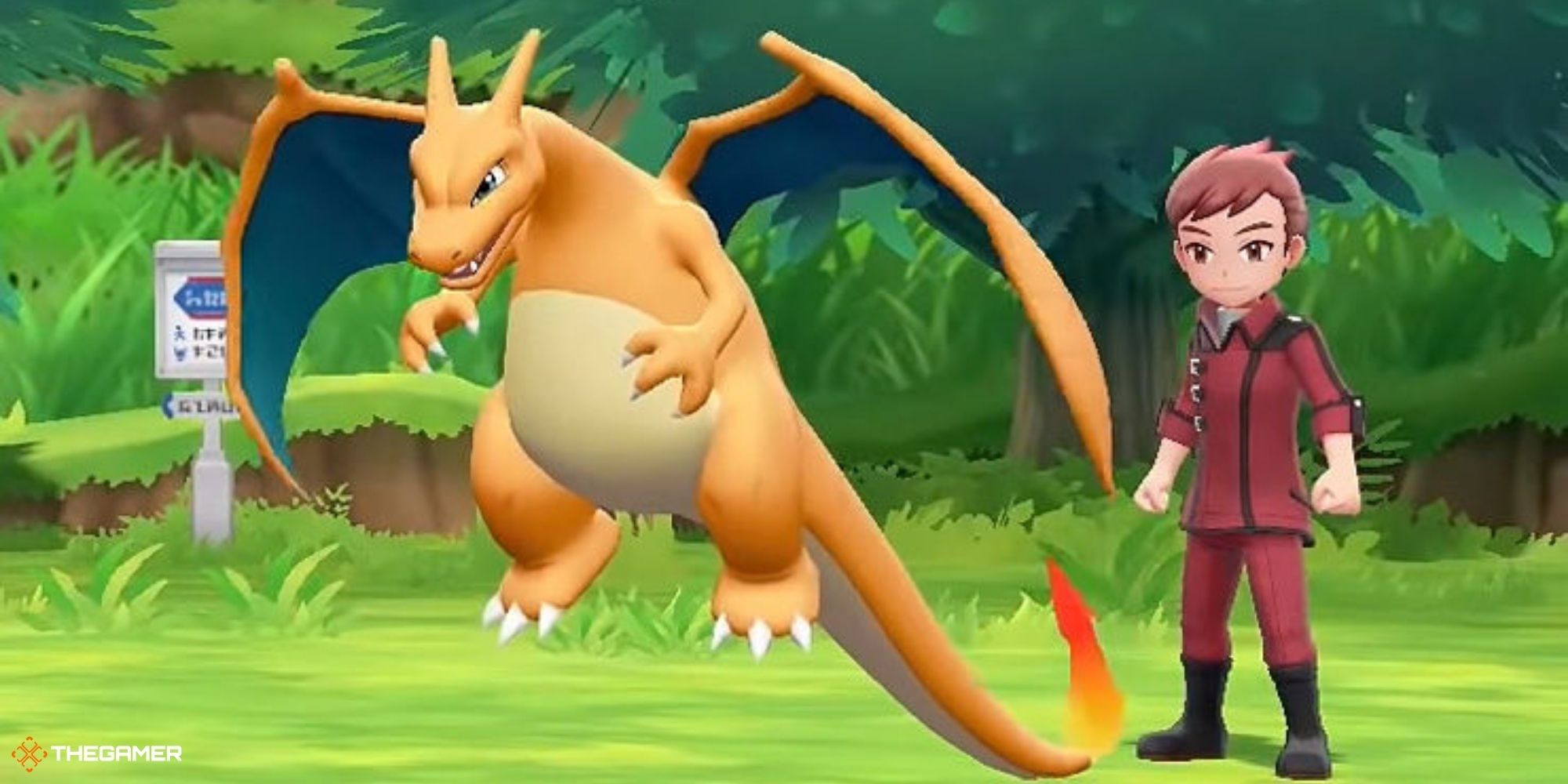 Let's Go Pikachu and Eevee - Charizard floating in grassy field