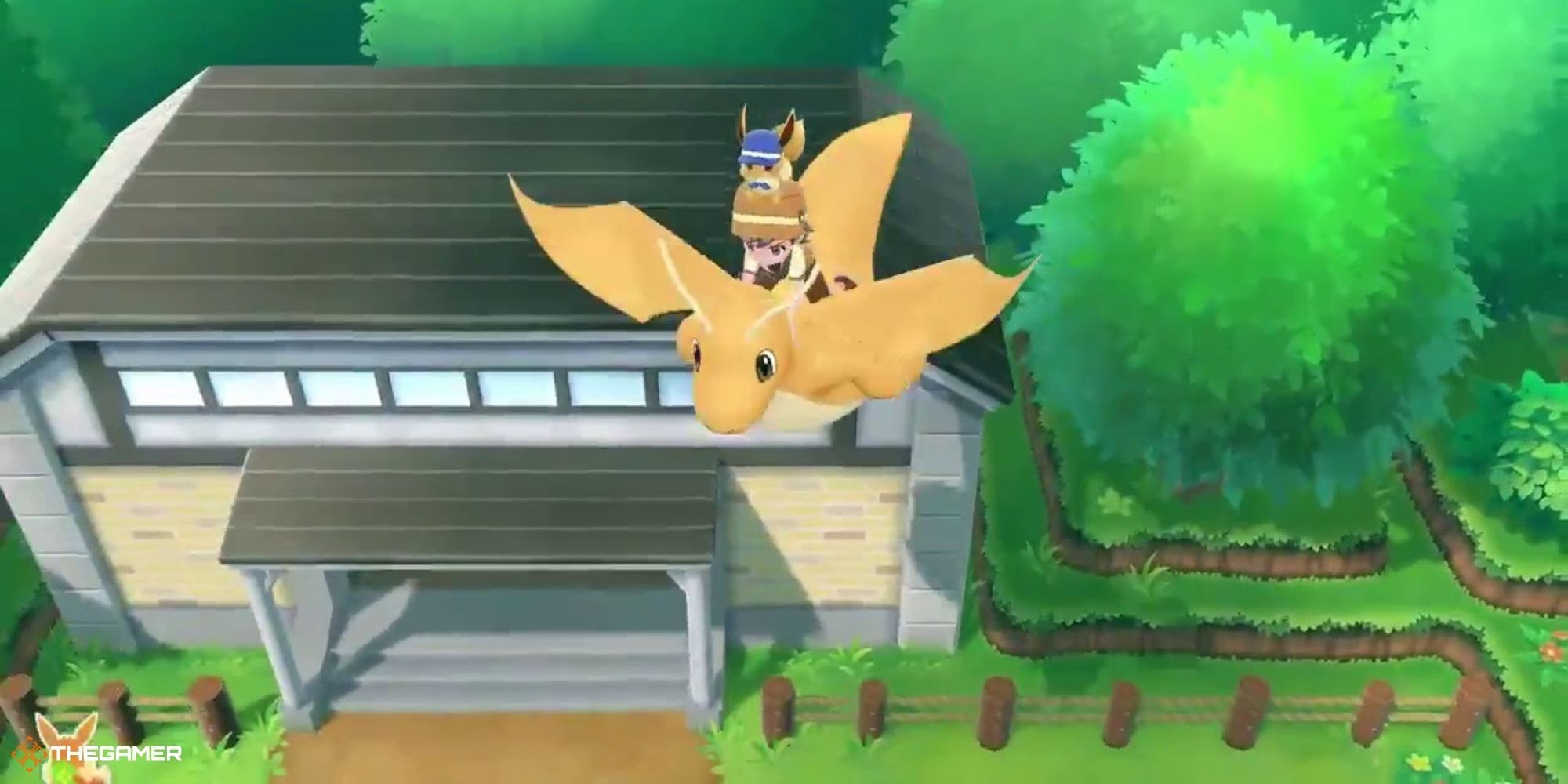 Let's Go Pikachu and Eevee - Dragonite flying over building