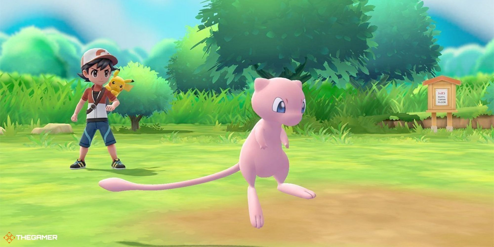 Let's Go Pikachu and Eevee - Mew in grassy field battle