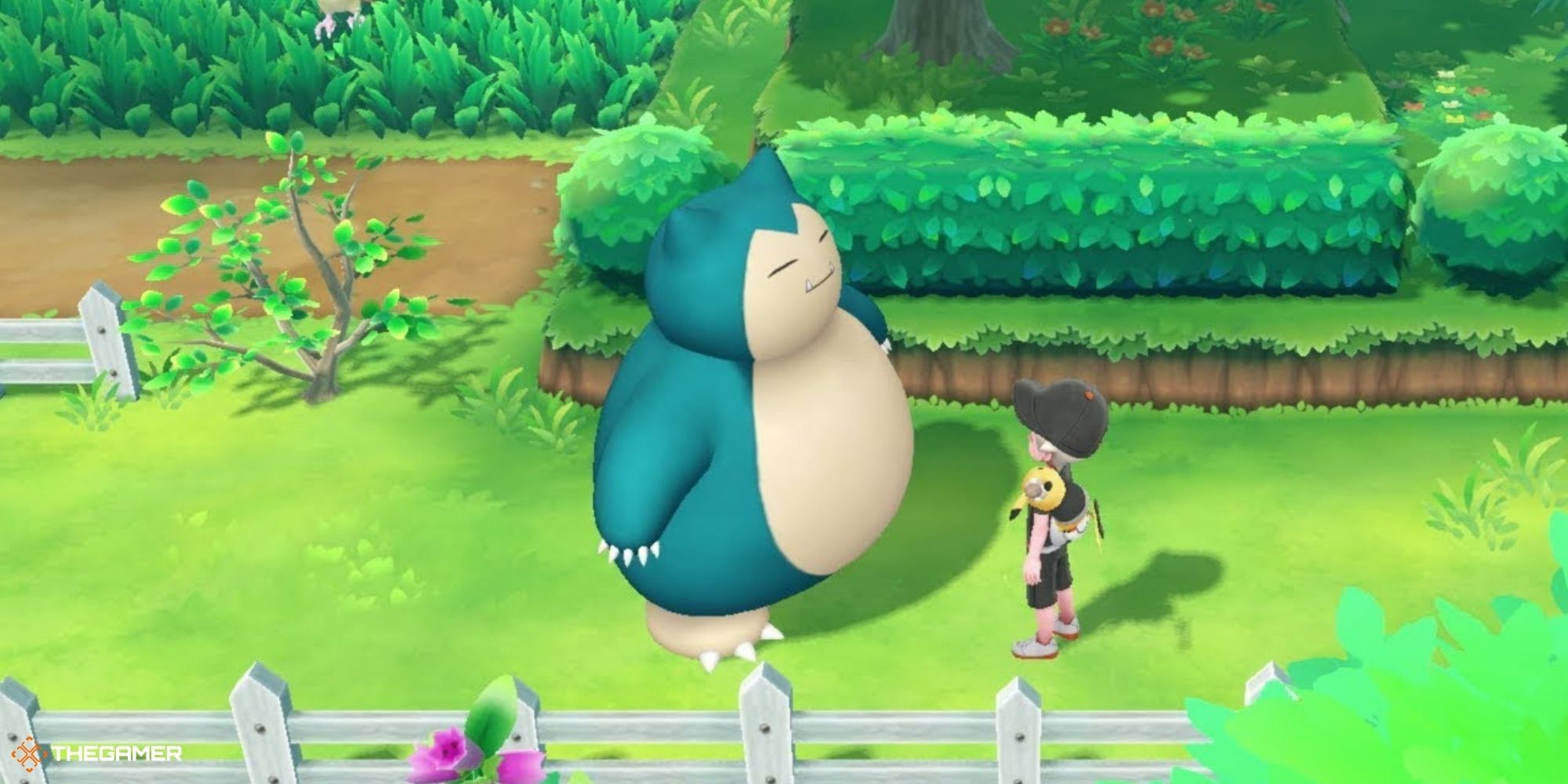 Let's Go Pikachu and Eevee - Snorlax and player in grassy fenced pathway