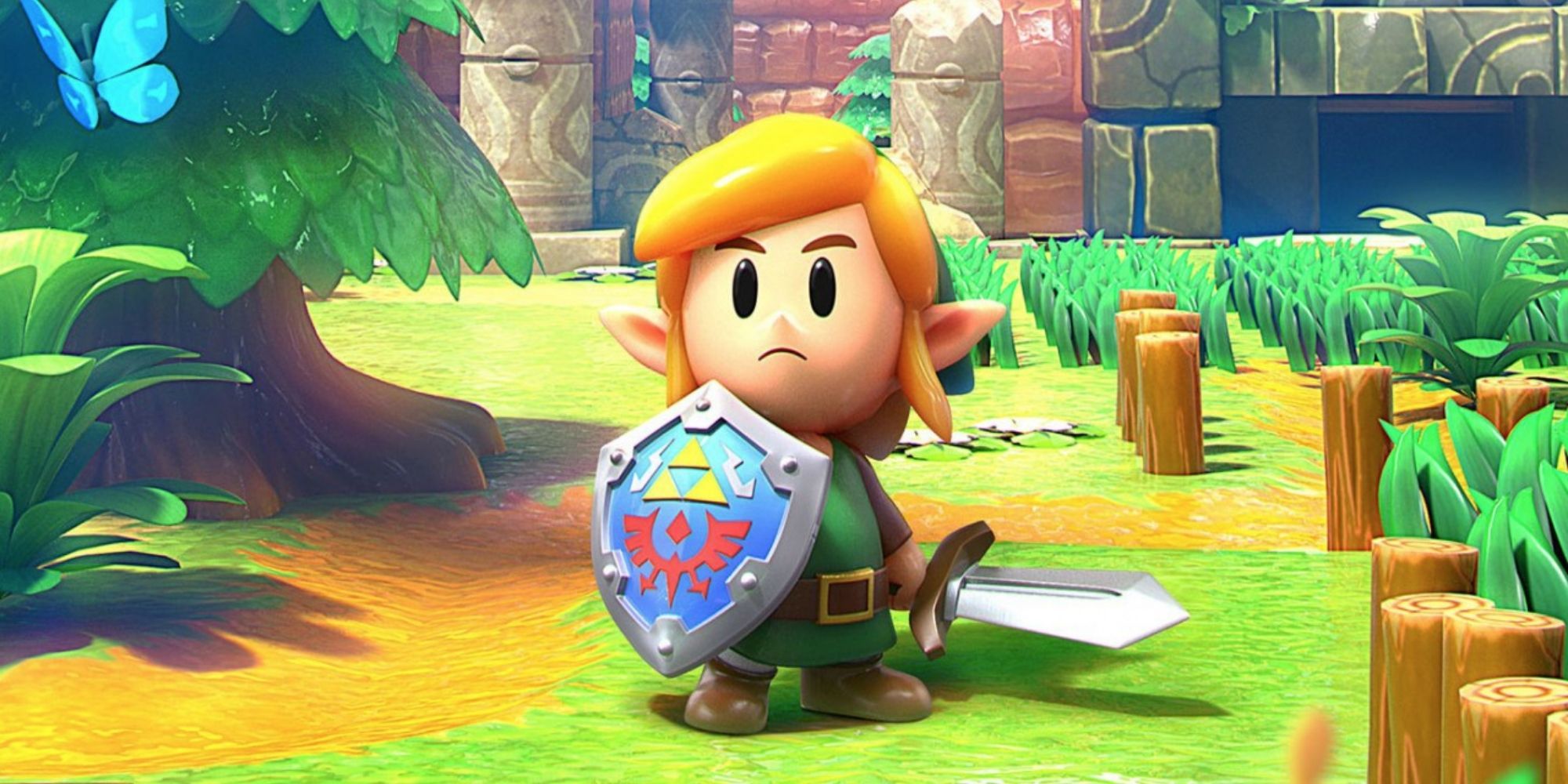 Link's Awakening Link Holds His Sword and Shield On Koholint Island