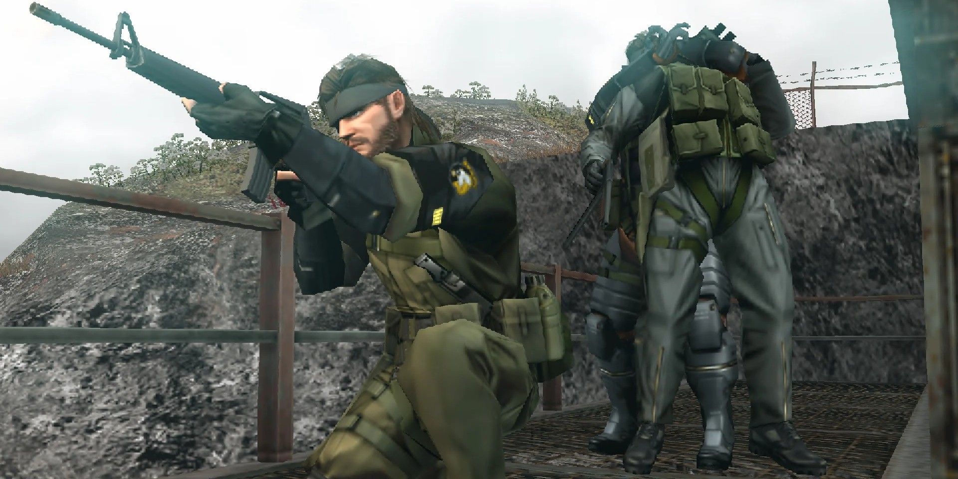 Metal Gear Solid Peace Walker screenshot Of One Player Choking Guard While Another Aims Their Guns