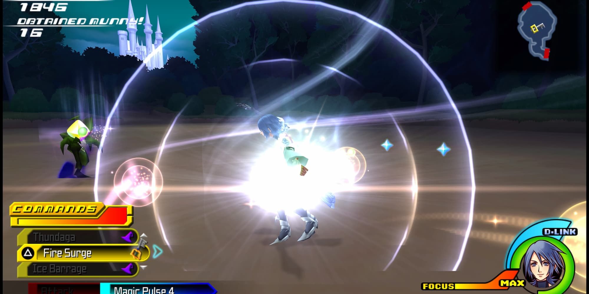 Aqua defeats an Unversed by using Magic Pulse 4