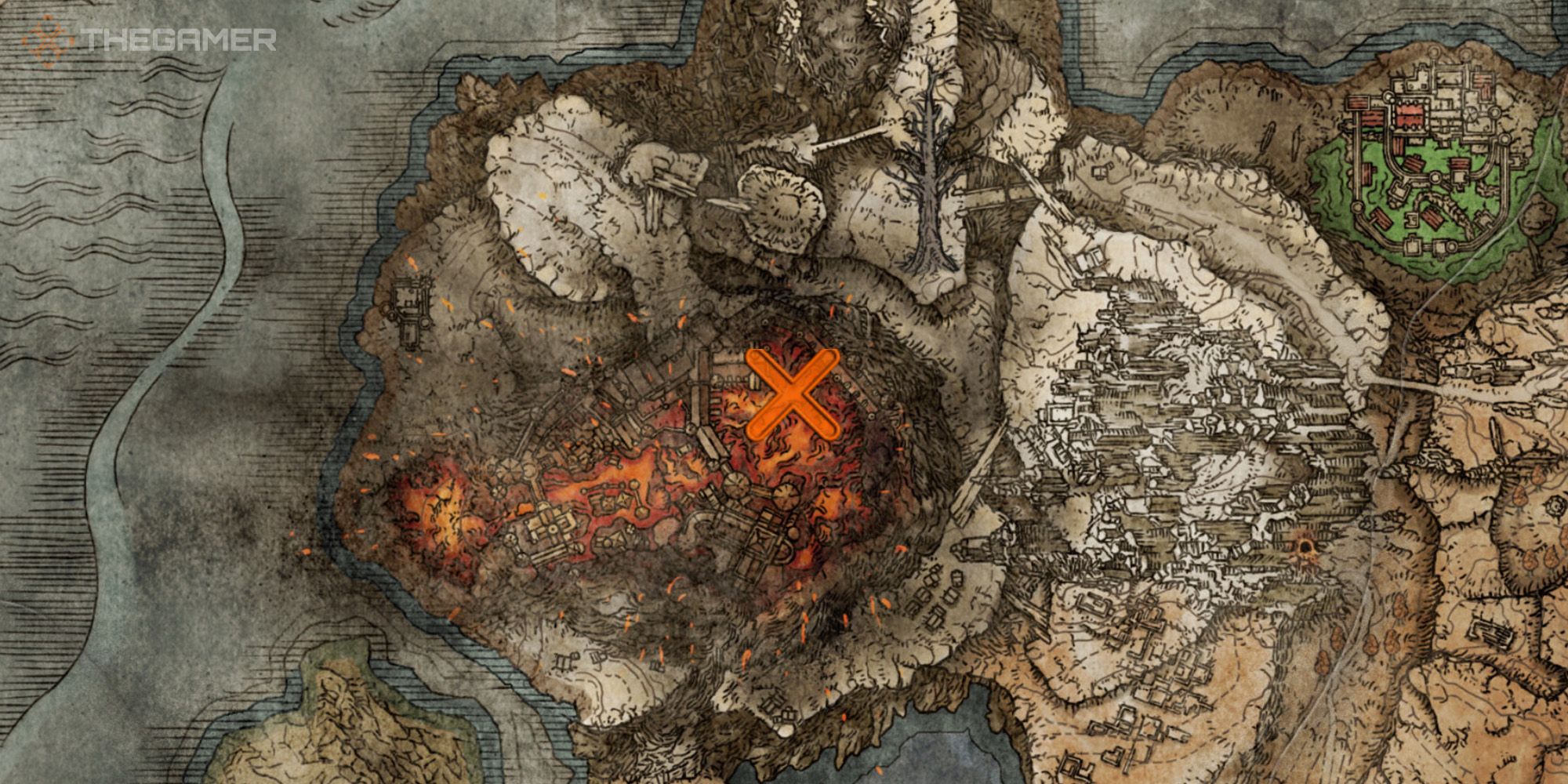 Map showing the location of the Magma Shot Sorcery within Volcano Manor in Elden Ring