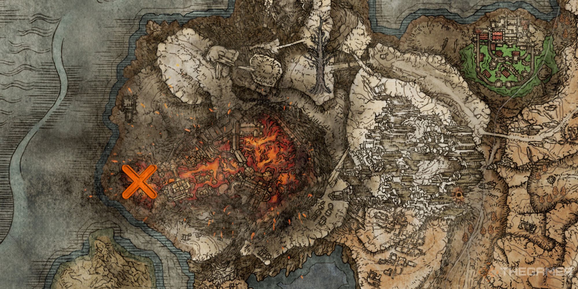 Map showing the location of the Magma Wyrm on Mt. Gelmir in Elden Ring