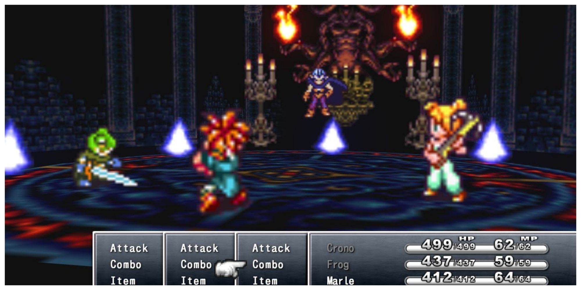 Magus with Crono and crew going to battle at his lair