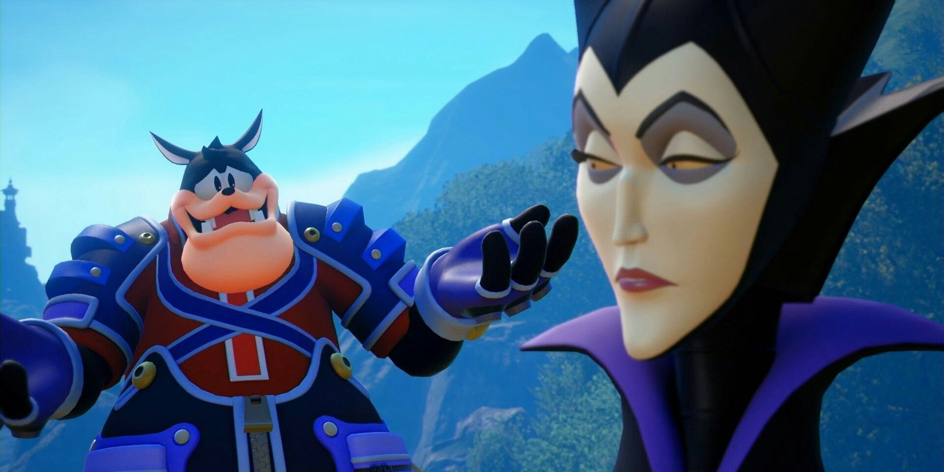 Maleficent and Pete, seen here being criminally underutilized and probably talking abotu a box.