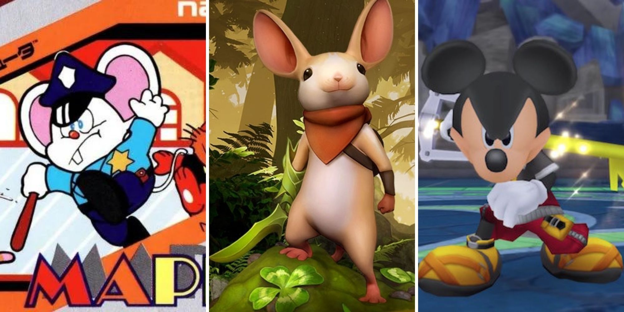 Mappy Jumps Out Of The Way, Quill Stands With Sword In Hand, Mickey Prepares To Attack With His Keyblade
