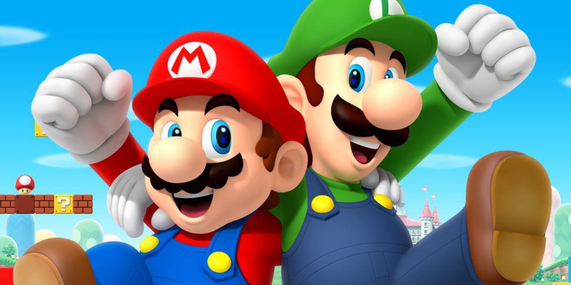 Mario & Luigi holding each other in a "buddy-buddy' fashion. Brotherly