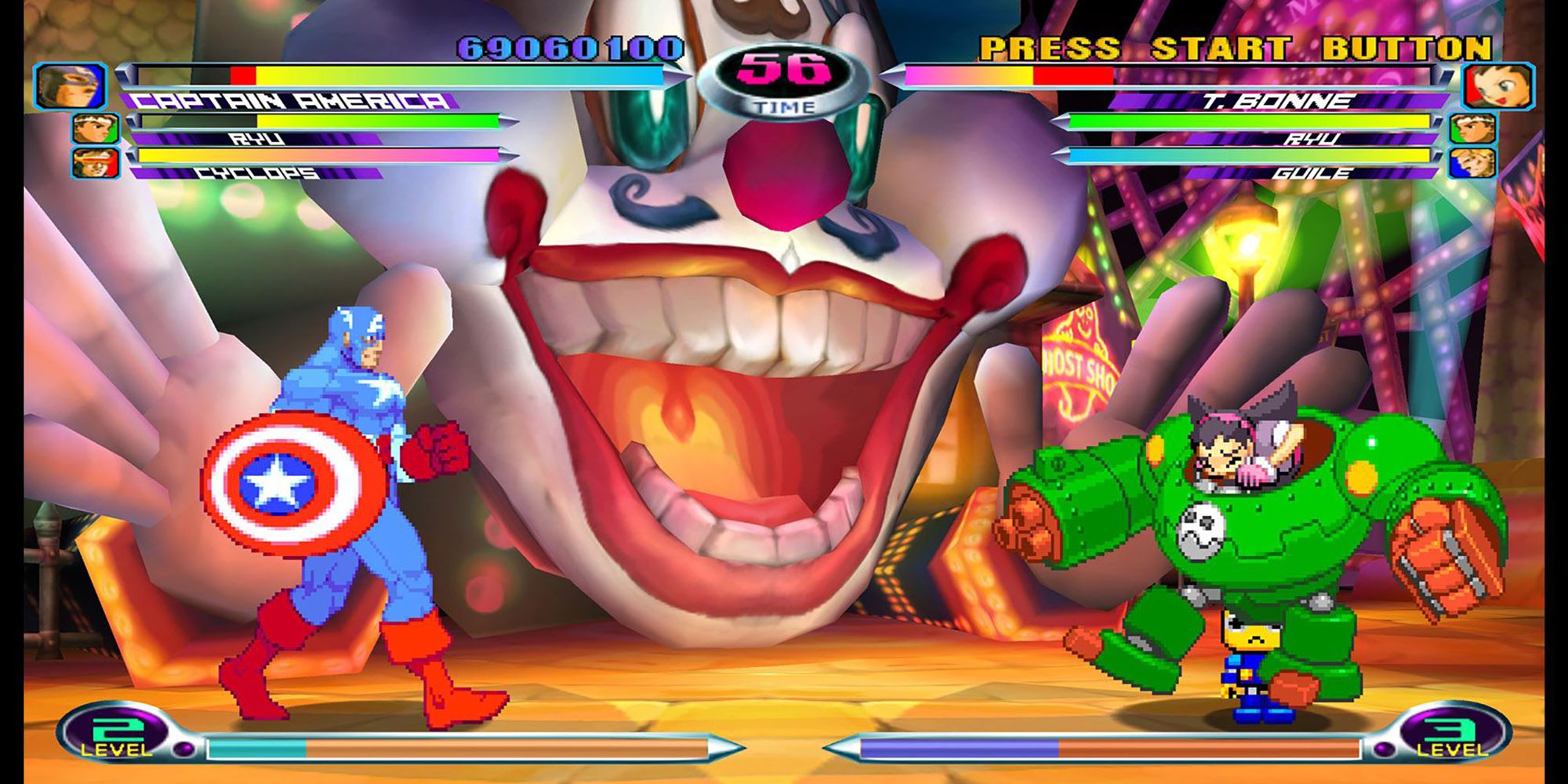 Captain America walks towards Tron Bonne in a battle in front of a funhouse in Marvel Vs. Capcom 2.