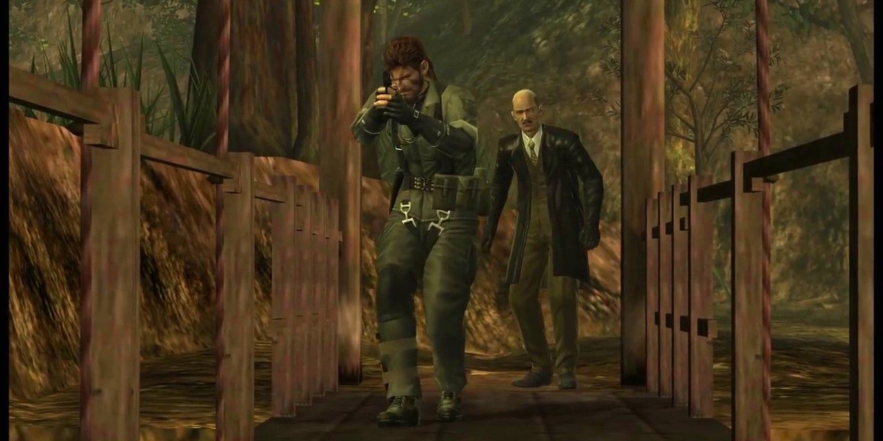 Metal gear solid 3 screenshot of snake leading sokolov over a bridge