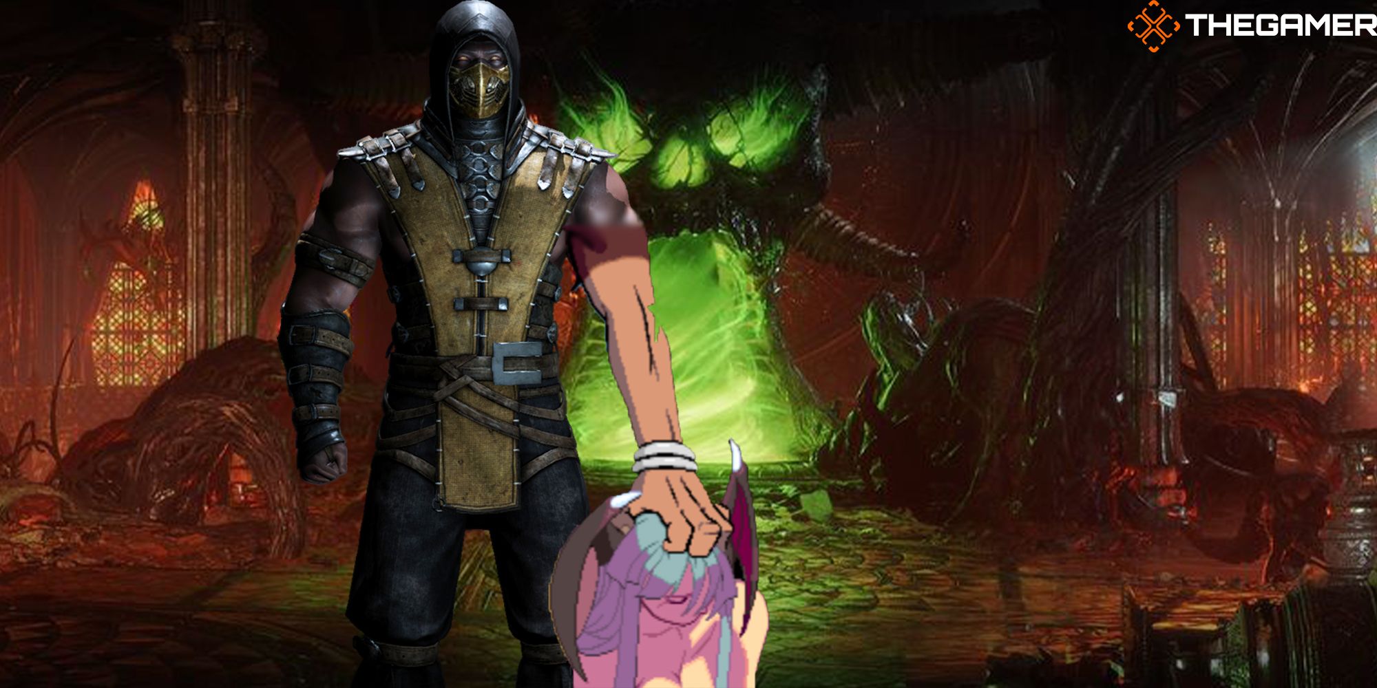 Scorpion holds a defeated Morrigan by the head in the Soul Chamber in a Mortal Kombat X Darkstalkers Multiverse.