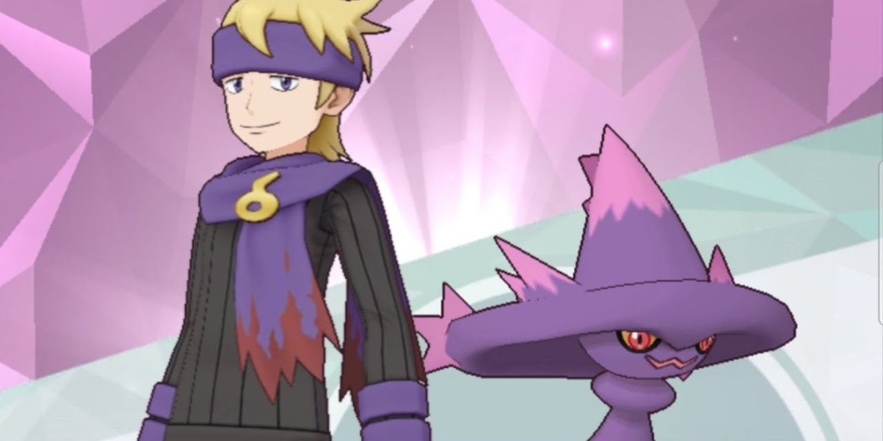Morty and Mismagius from Pokemon Masters EX pose back to back. 