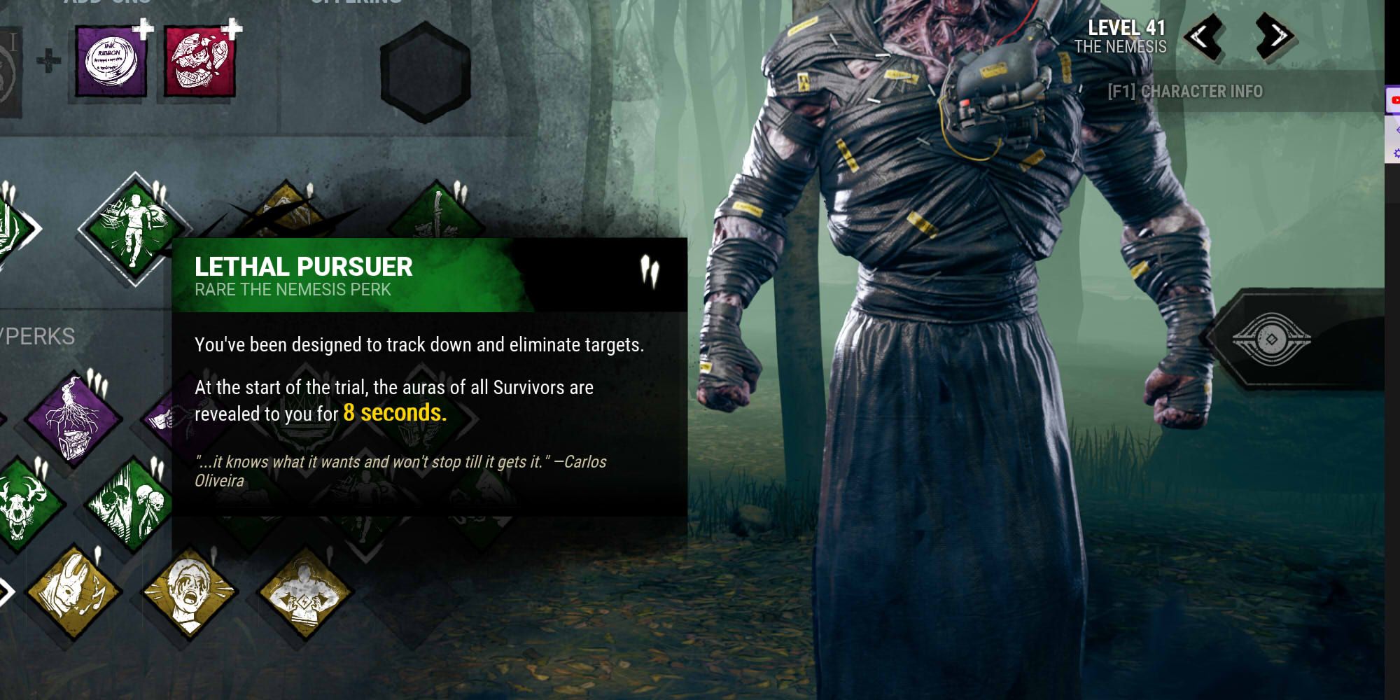 Lethal Pursuer is a teachable perk found in The Nemesis' Bloodweb, starting at level 30