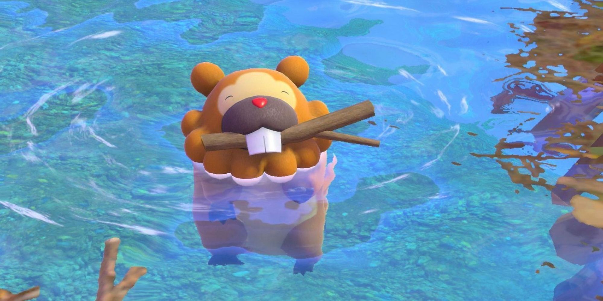 New Pokemon Snap Bidoof Smiles With A Stick In His Mouth In The Water