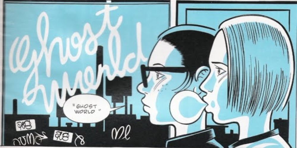 a panel from a Ghost World comic featuring its two protagonists Enid and Rebecca against a blue background with the comic's title on the far left