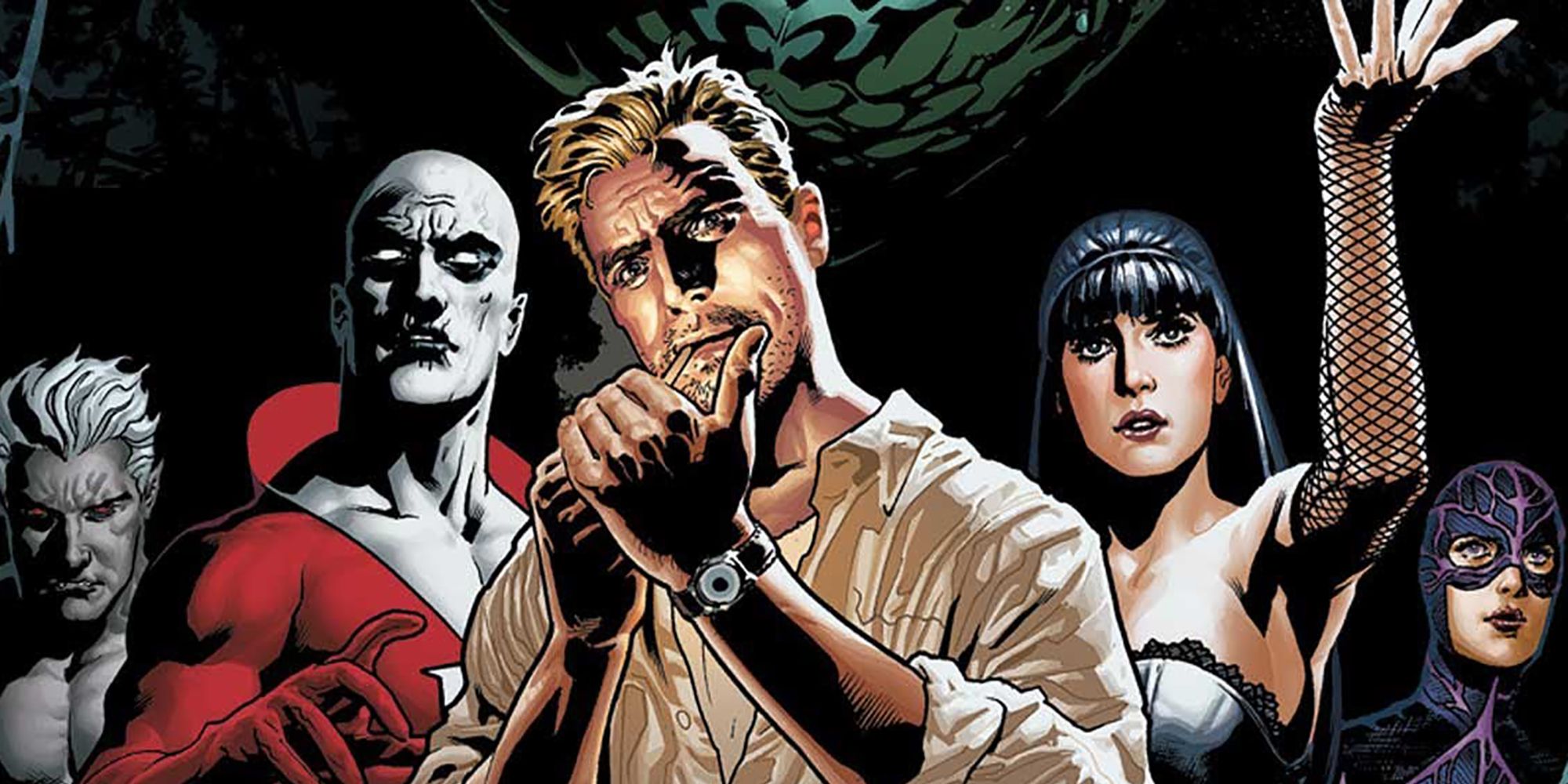 a promotional image for Justice League Dark featuring John Constantine (smoking), Madame Xanadu (with her hand lifted), Deadman, Andrew Bennett and Black Orchid in a row 