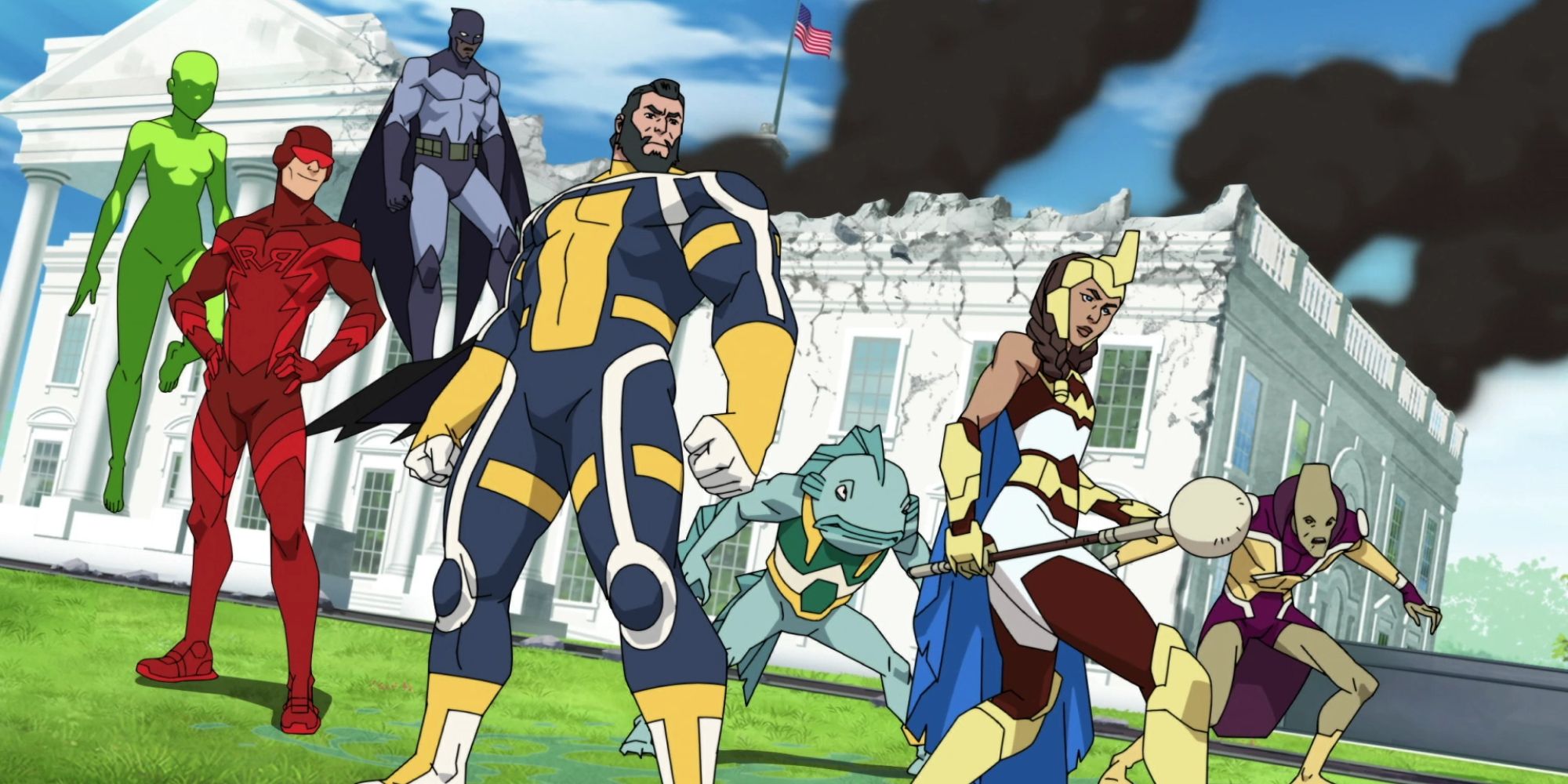 a wide angle shot of The Guardians of the Globe from Invincible stood in front of a crumbling burning White House posing heroically in a line
