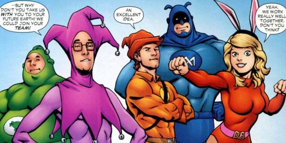 a panel from an Inferior Five comic featuring the main team members stood in a line with speech bubbles above a few of the characters