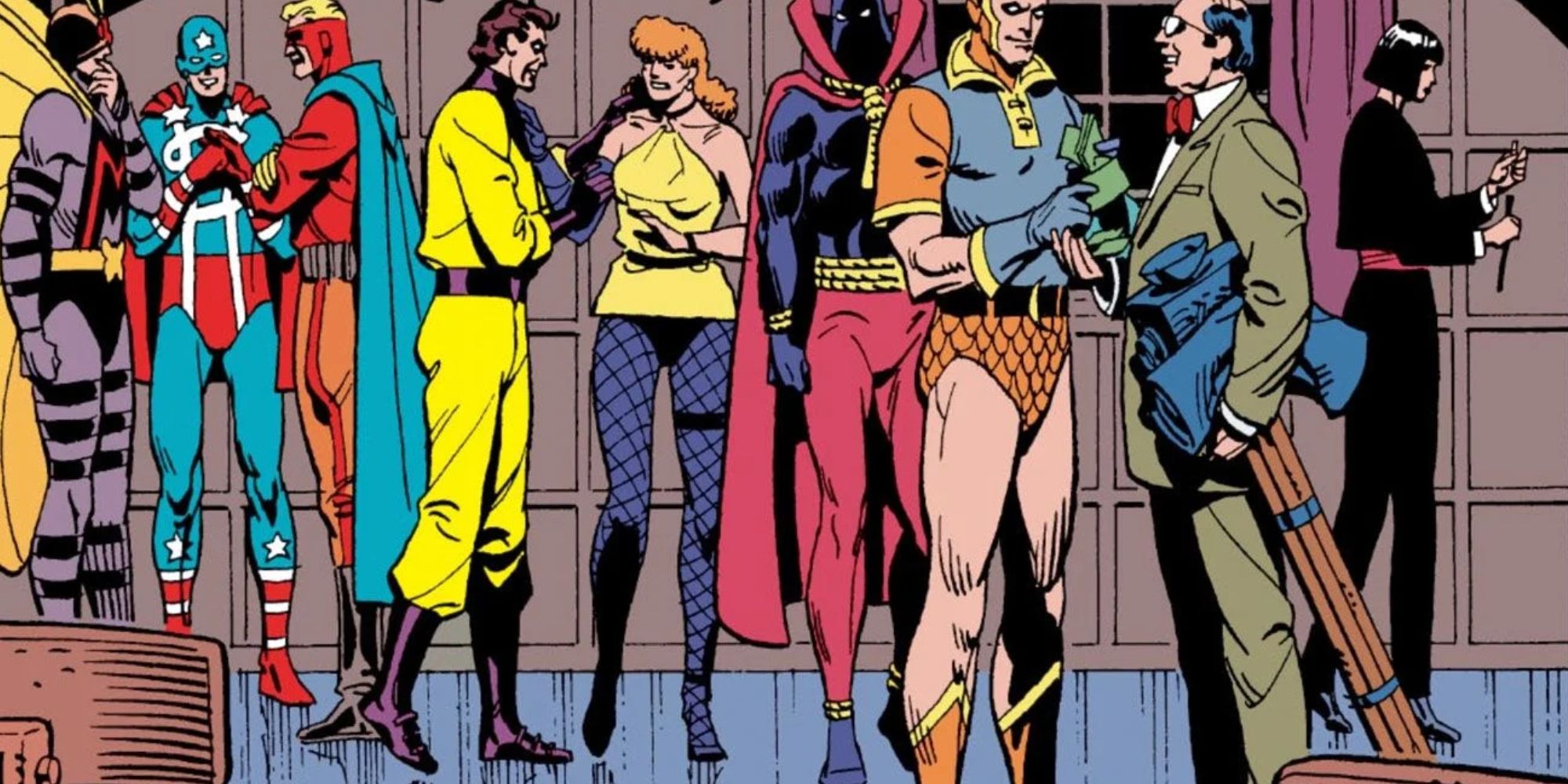 a panel taken from the Watchmen comic featuring the Minutemen standing in a group talking amongst each other
