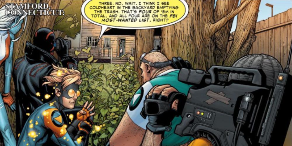 a panel taken from the Civil War comic of Speedball talking to a cameraman with his dialogue presented in a yellow speech bubble above him